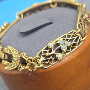 Vintage Goldette Bracelet with Turquoise, Floral, Pearl Accents